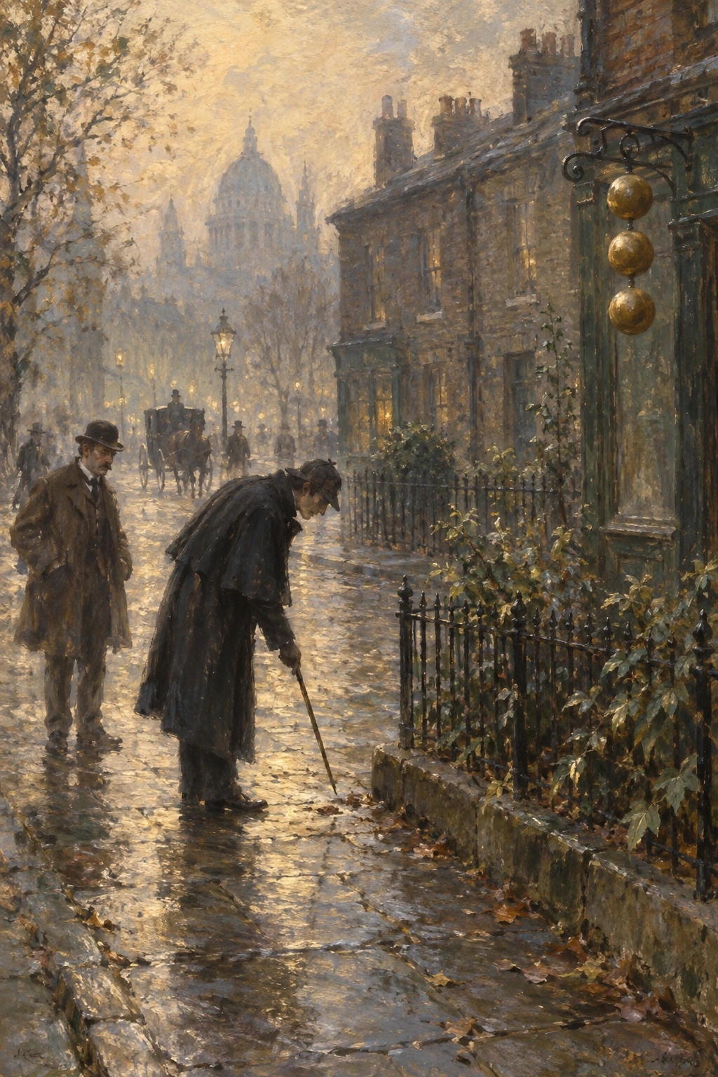 Holmes studies the pavement outside a pawnbroker while Watson watches.