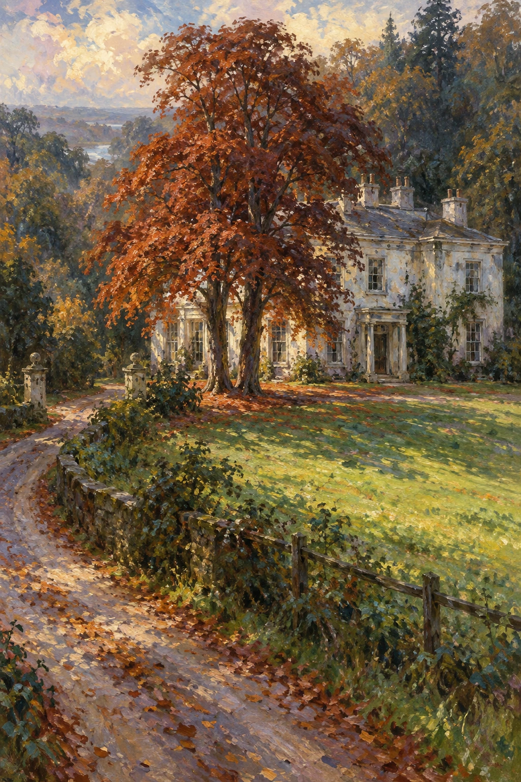Copper beeches shade a weathered country house.