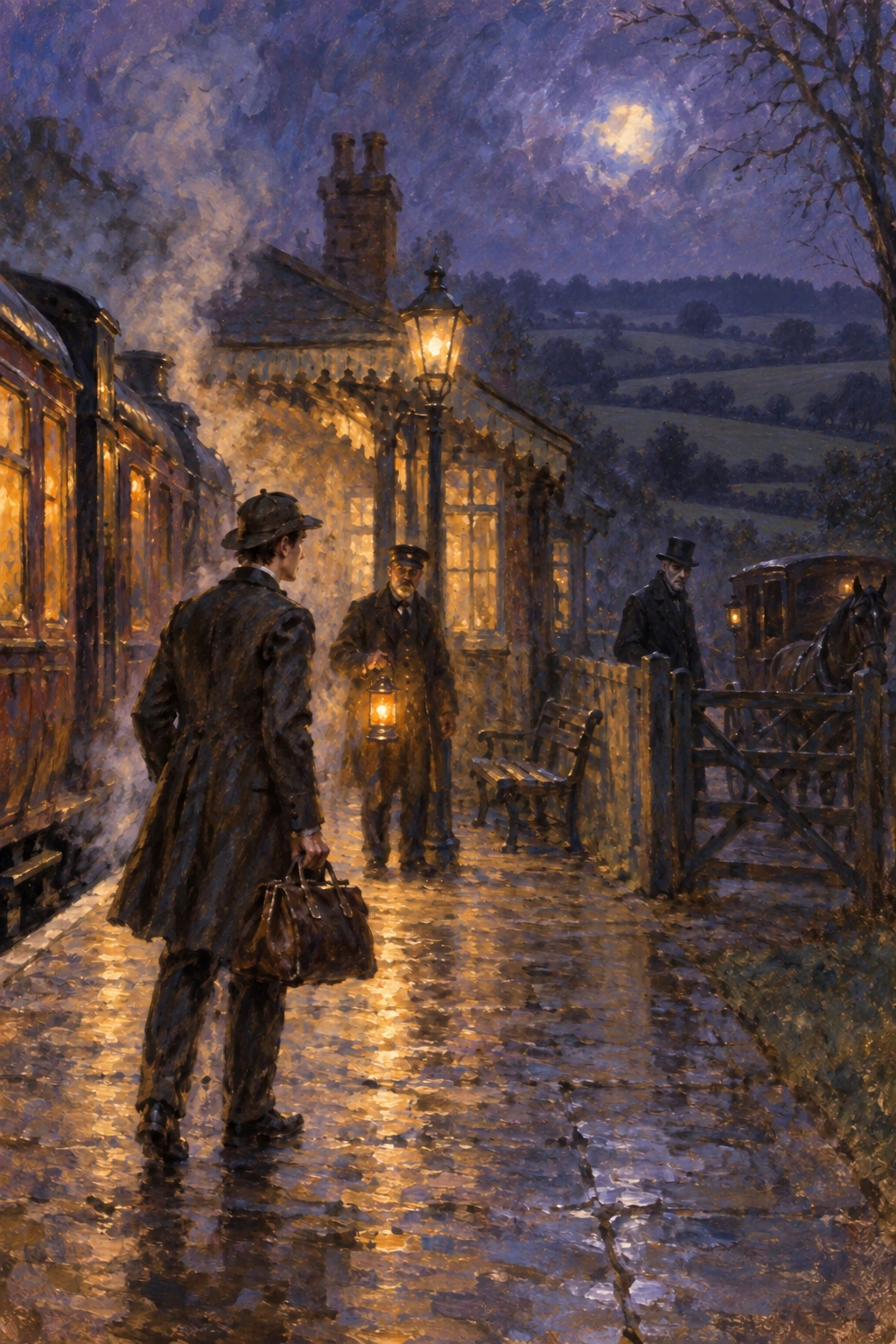 A traveller arrives at a lantern-lit rural station.