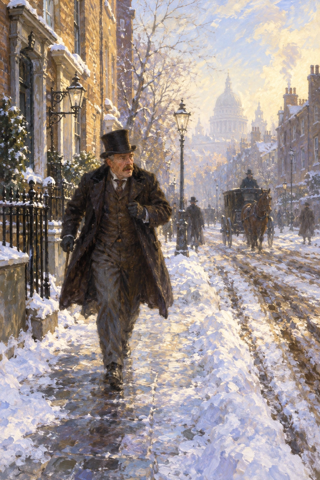 A hurried gentleman crosses a sunlit snow-covered London street.