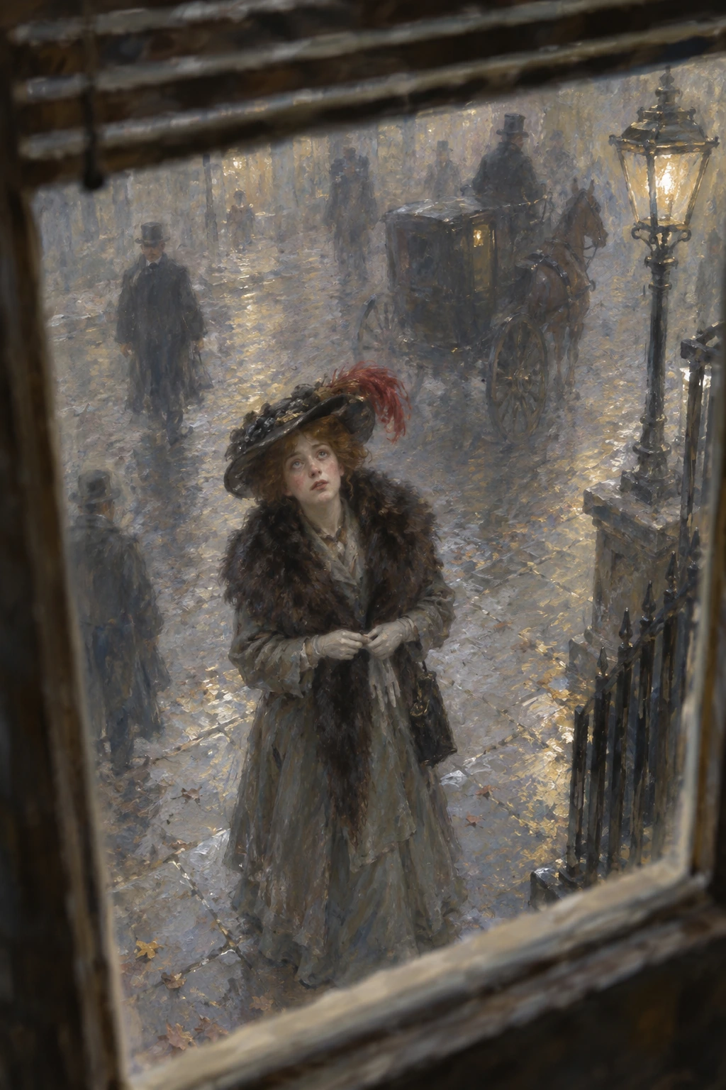 A woman with a red-feathered hat hesitates beneath a window.