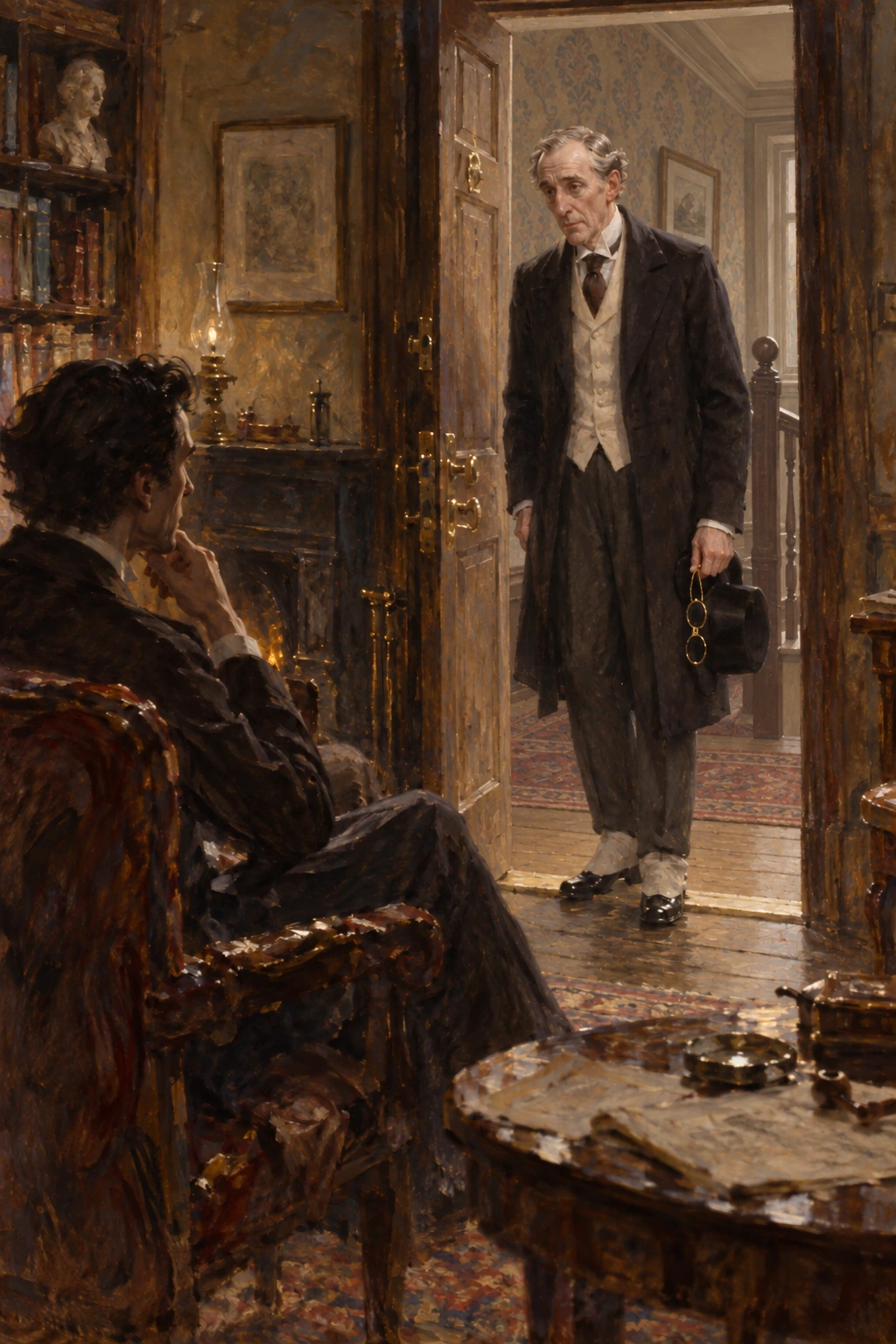 A formally dressed caller enters an upstairs sitting room carrying his hat.