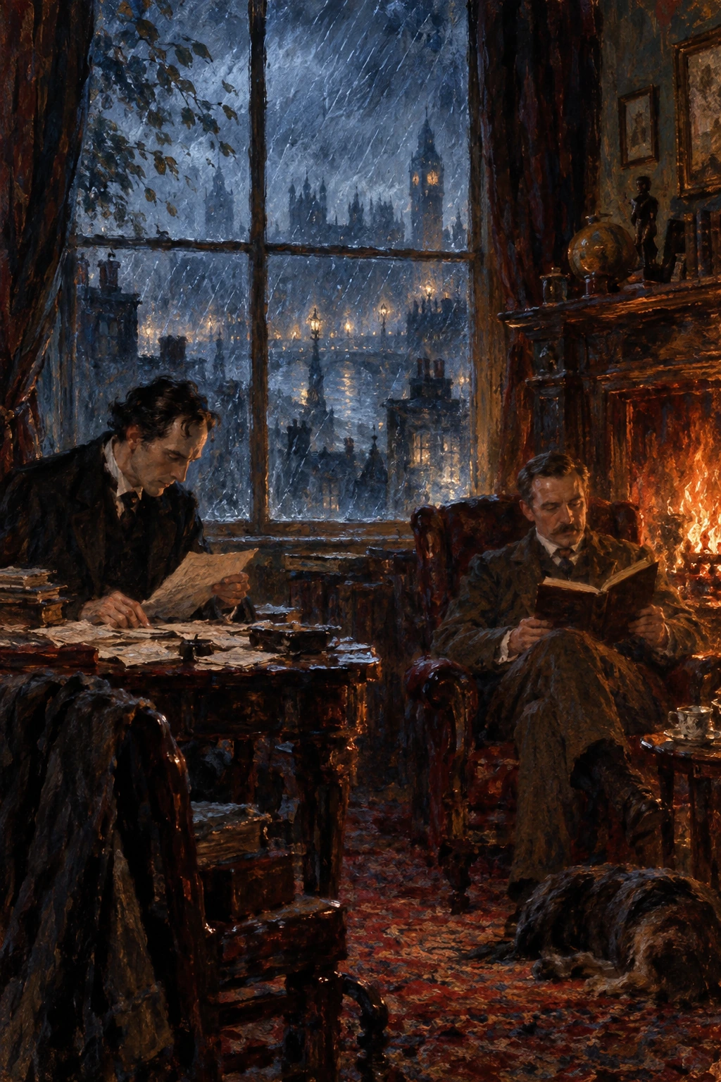 Holmes studies papers and Watson reads beside the fire during a storm.