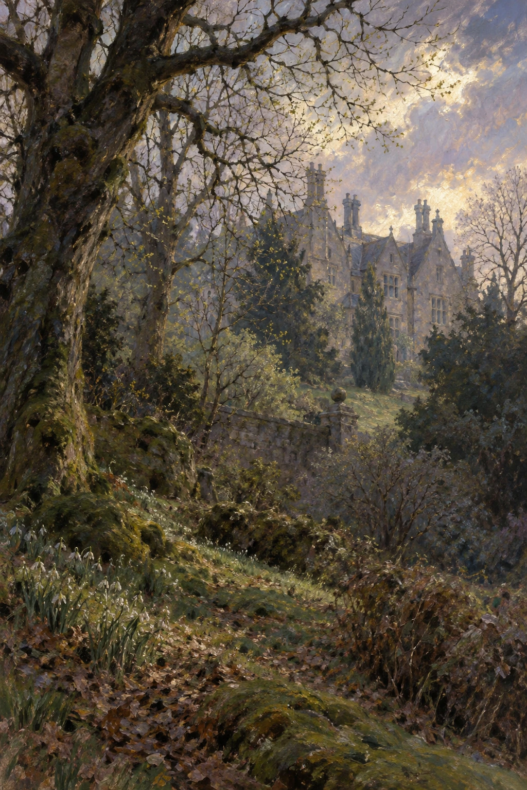 Grey mansion gables emerge through spring trees.