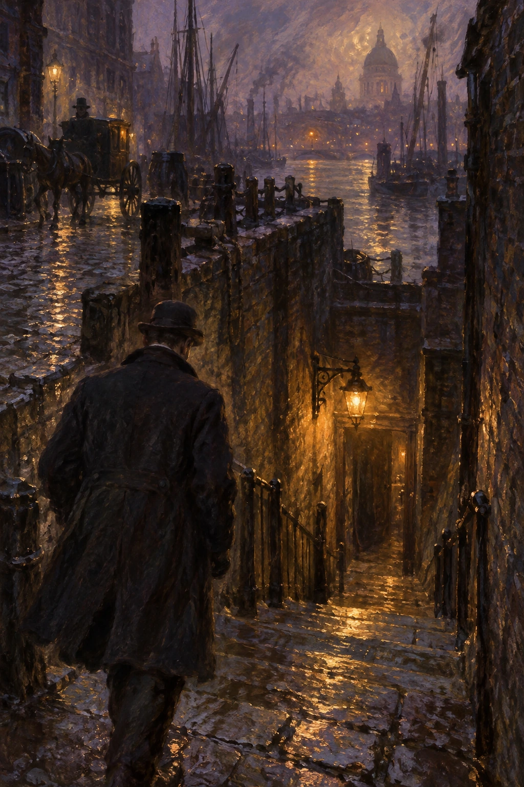 Watson descends a dark lane towards a lamp-lit doorway.