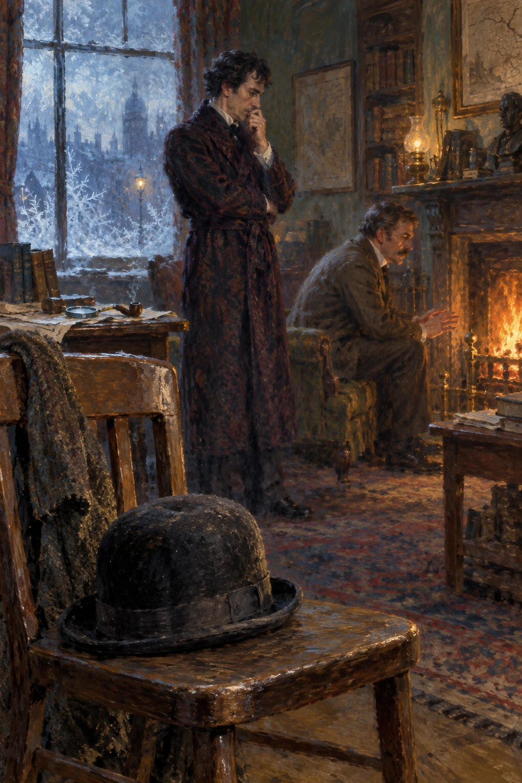 A battered hat rests on a chair while Holmes thinks and Watson warms his hands.