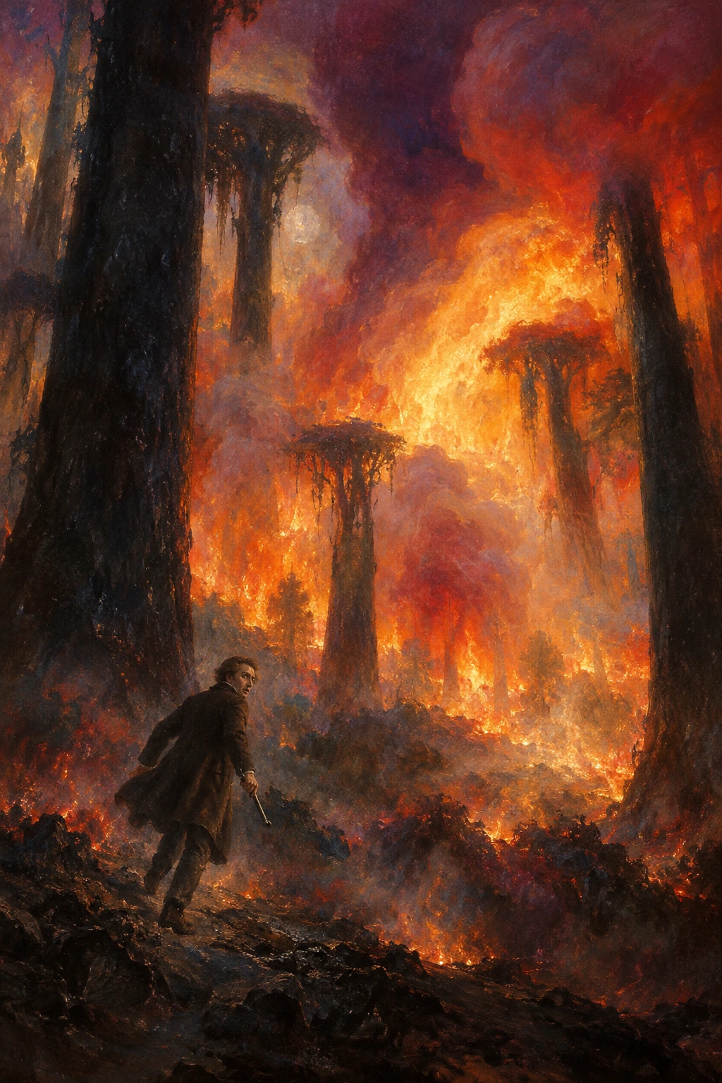 A traveller looks back towards towering trees engulfed in flame.