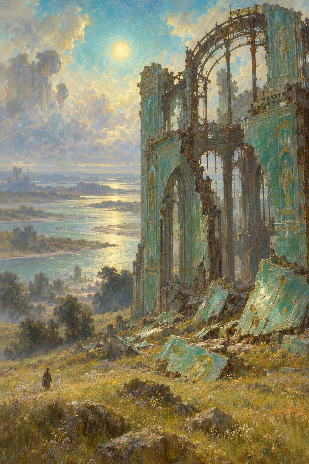 Two small figures approach a vast ruined green museum above an estuary.
