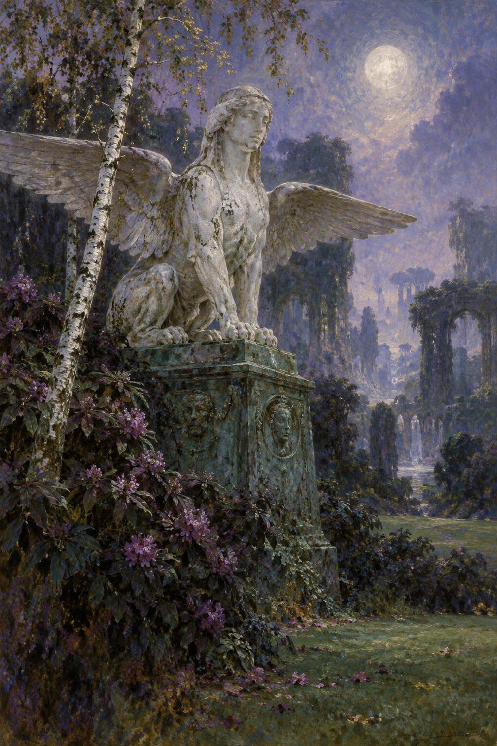 A winged white Sphinx stands on a green bronze pedestal beneath the moon.