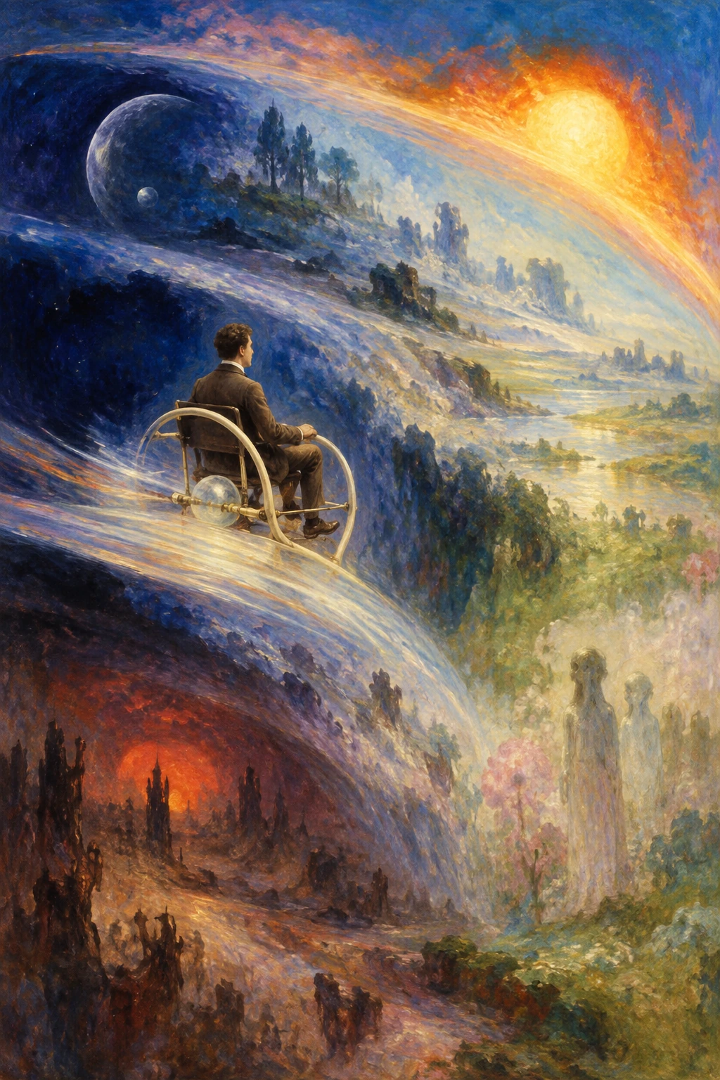 A seated traveller moves through swirling bands of light and darkness.