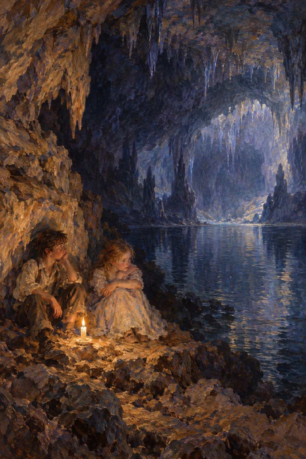 Tom and Becky rest by candlelight beside an underground lake.