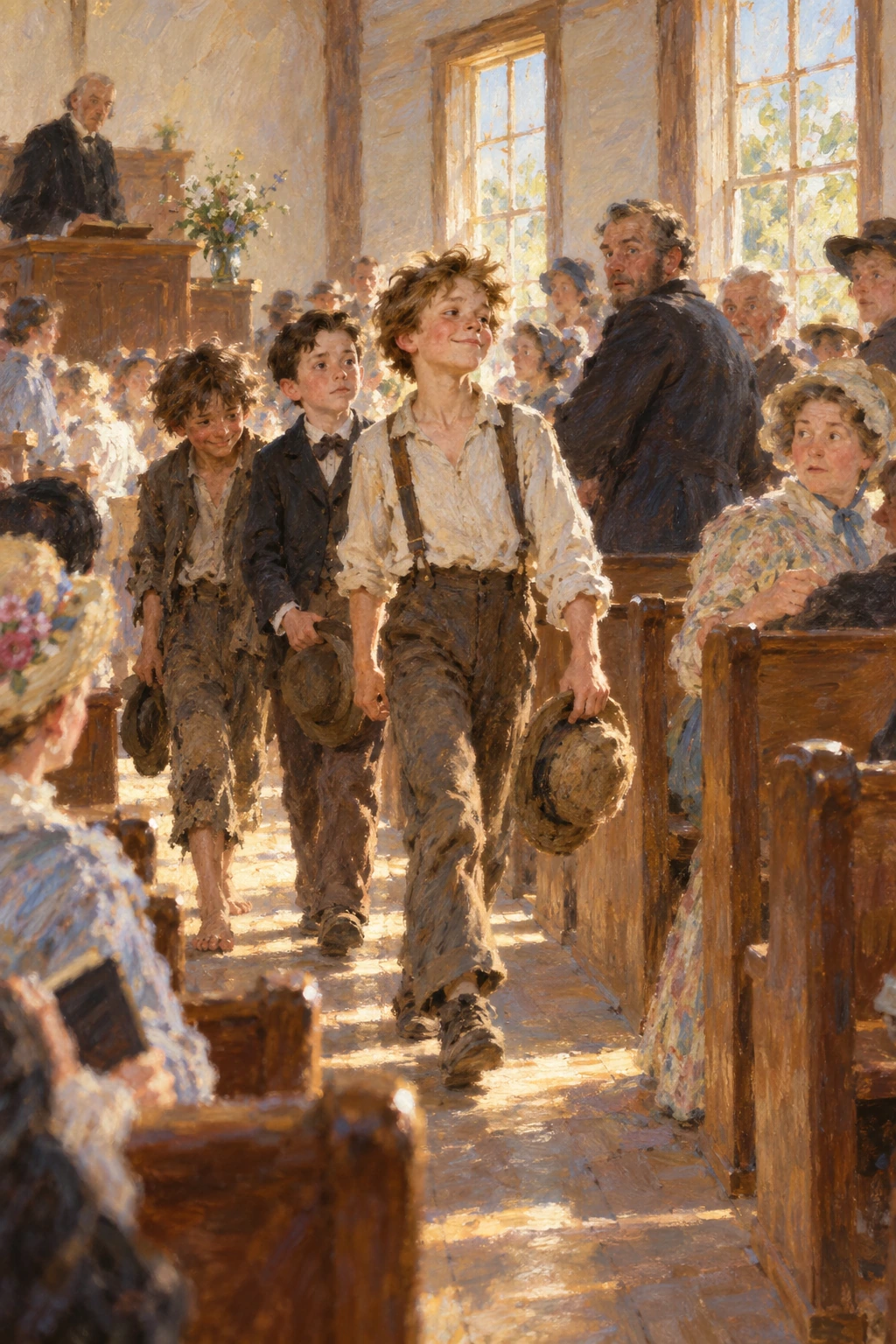 Three boys enter a church as the congregation turns towards them.