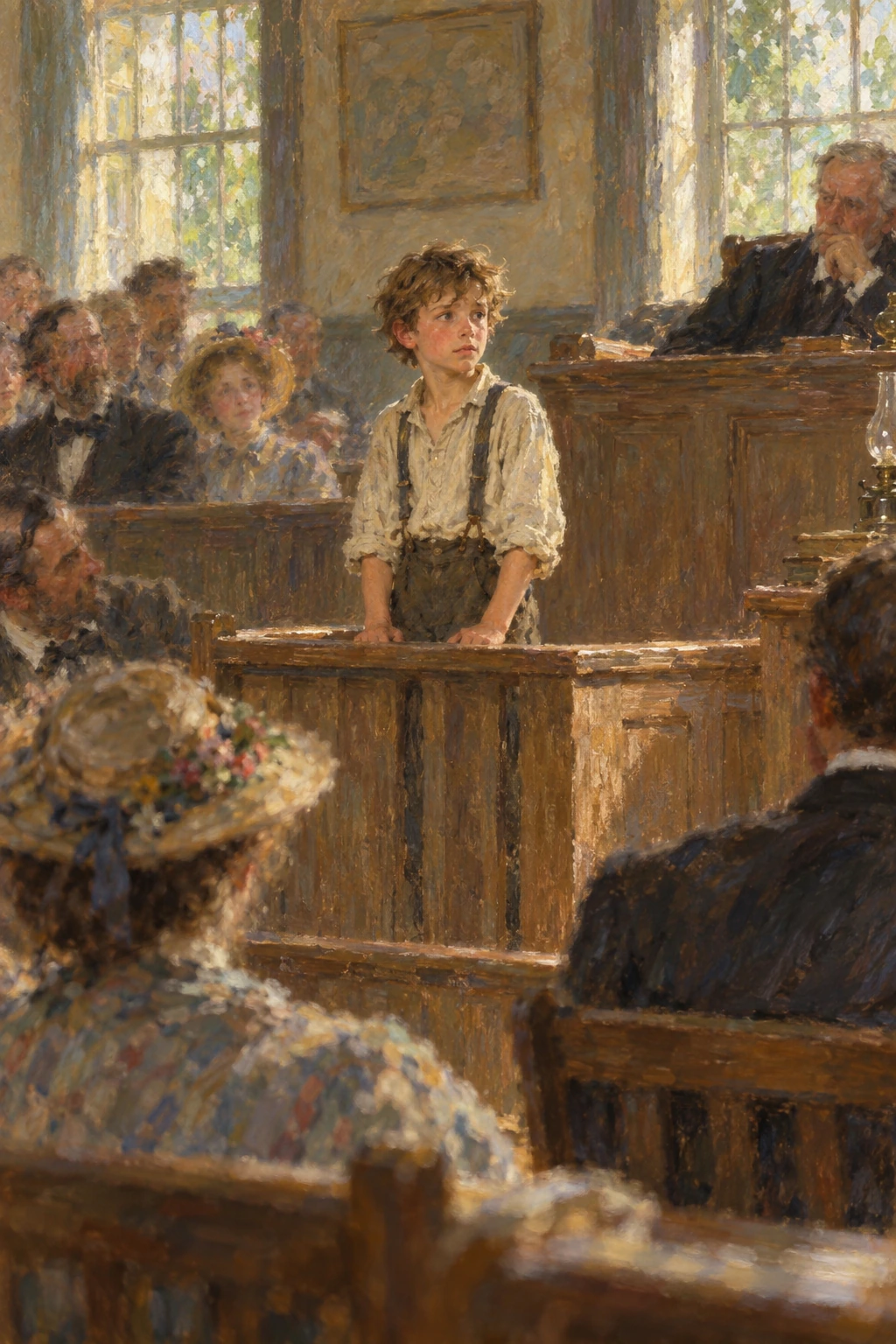 Tom stands nervously before a rural courtroom.