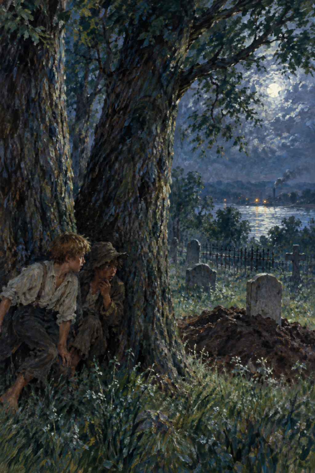 Tom and Huck shelter beside great elms in a moonlit graveyard.