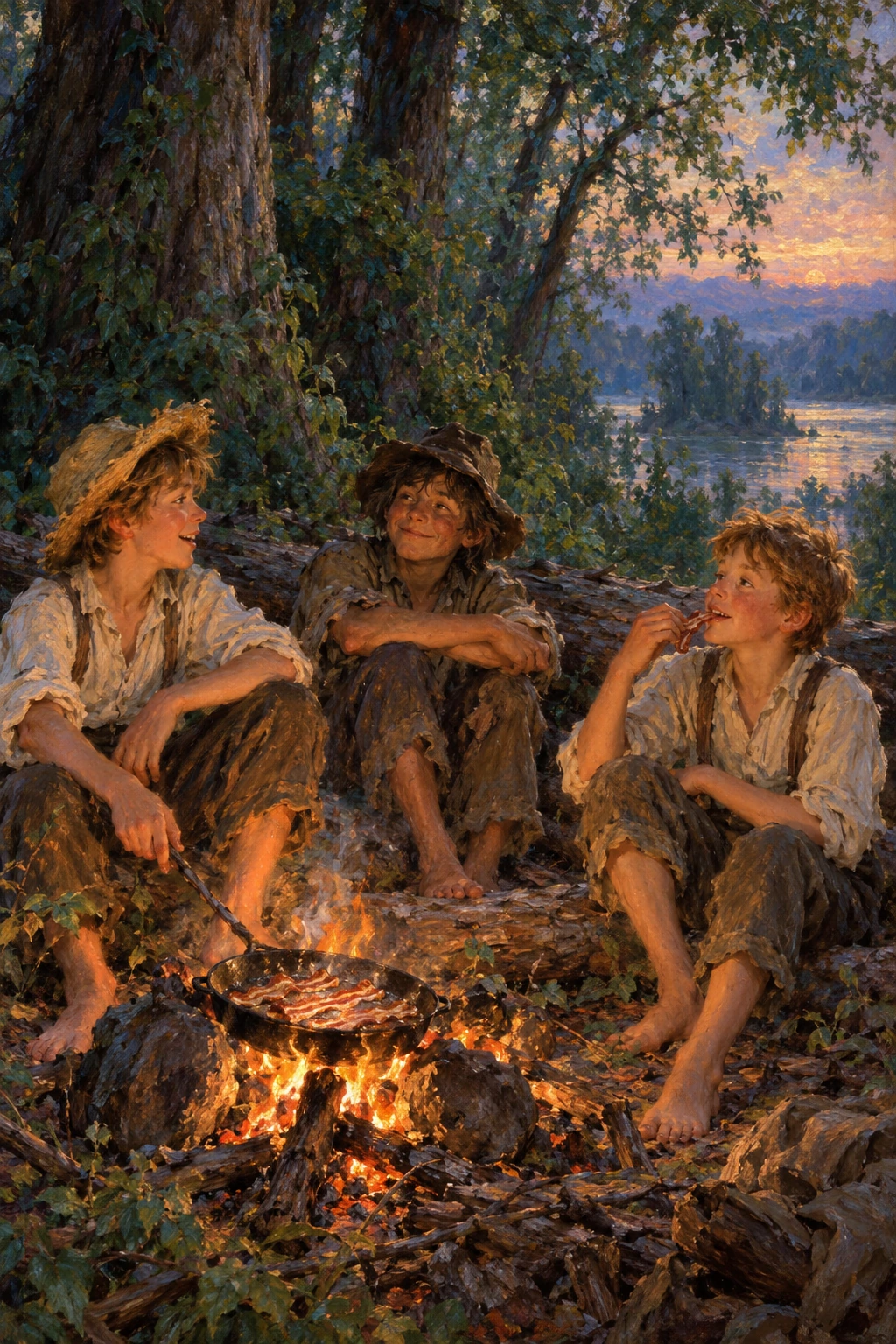 Three boys gather around a forest campfire.