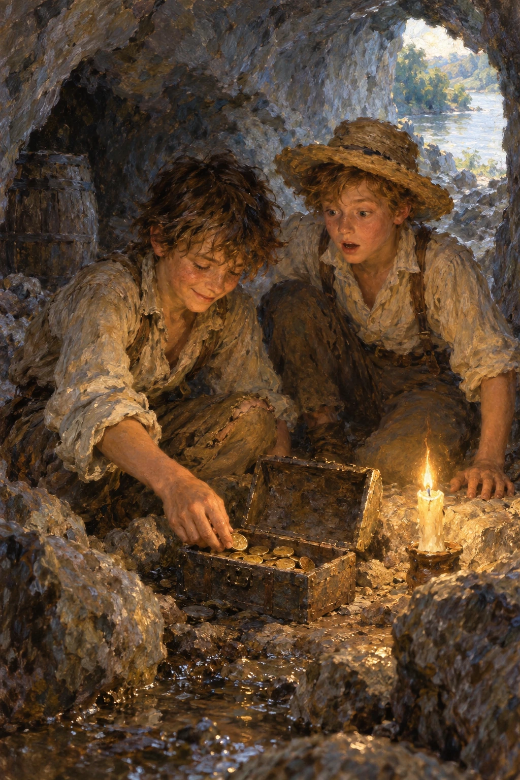 Two boys discover coins in a small box inside a cave.