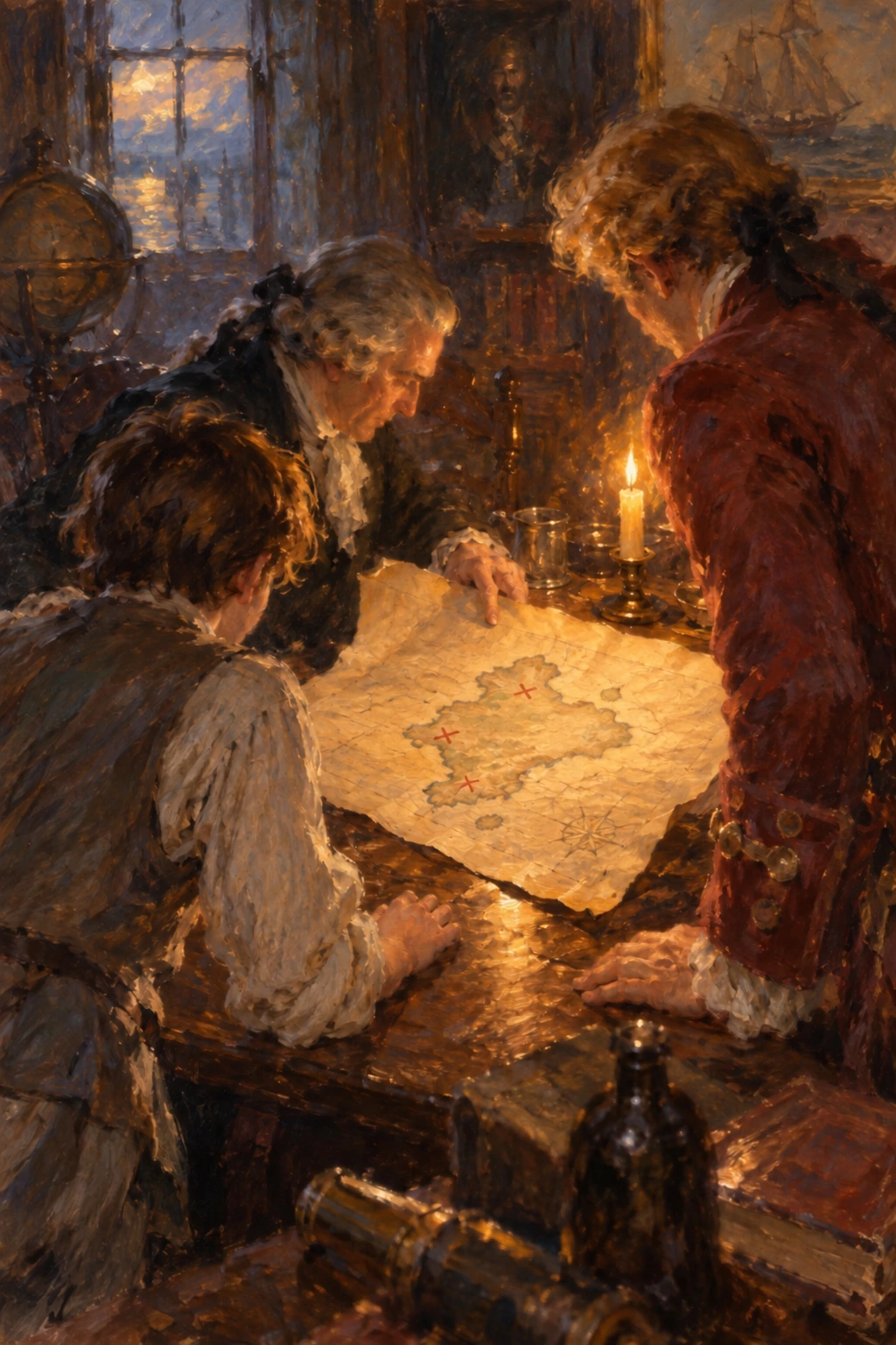 A boy and two men study an island chart by candlelight.