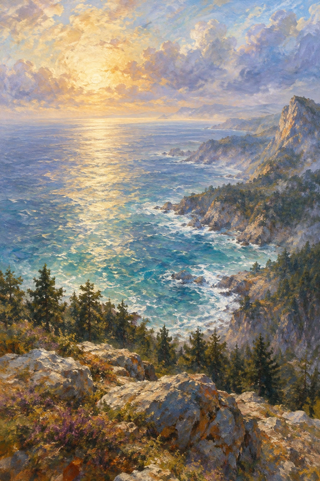 Empty sea stretches beyond a pine-covered rocky island.