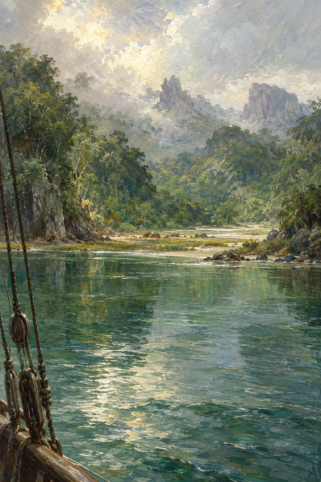 Still green water lies beneath wooded slopes and rocky island summits.