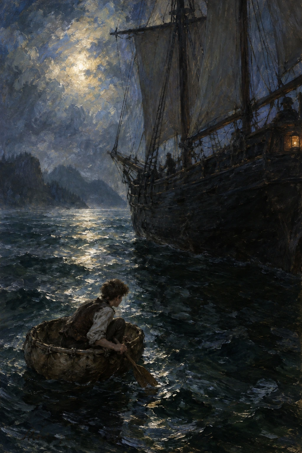 A boy in a tiny round coracle approaches the dark hull of a schooner.