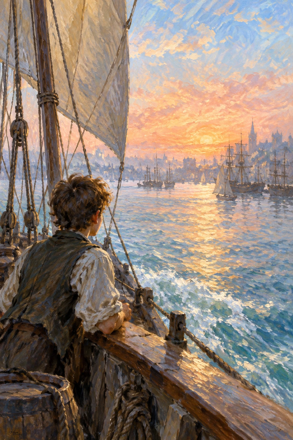 Jim watches the harbour recede as a sailing voyage begins.