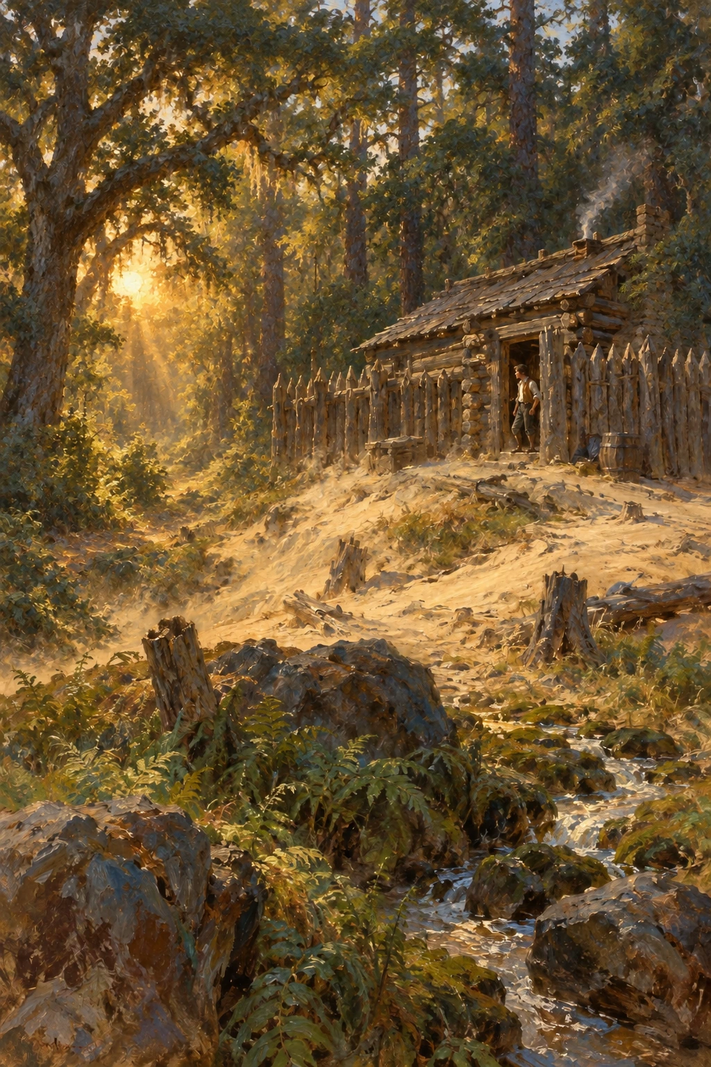 A rough log house stands behind a palisade among trees and sand.