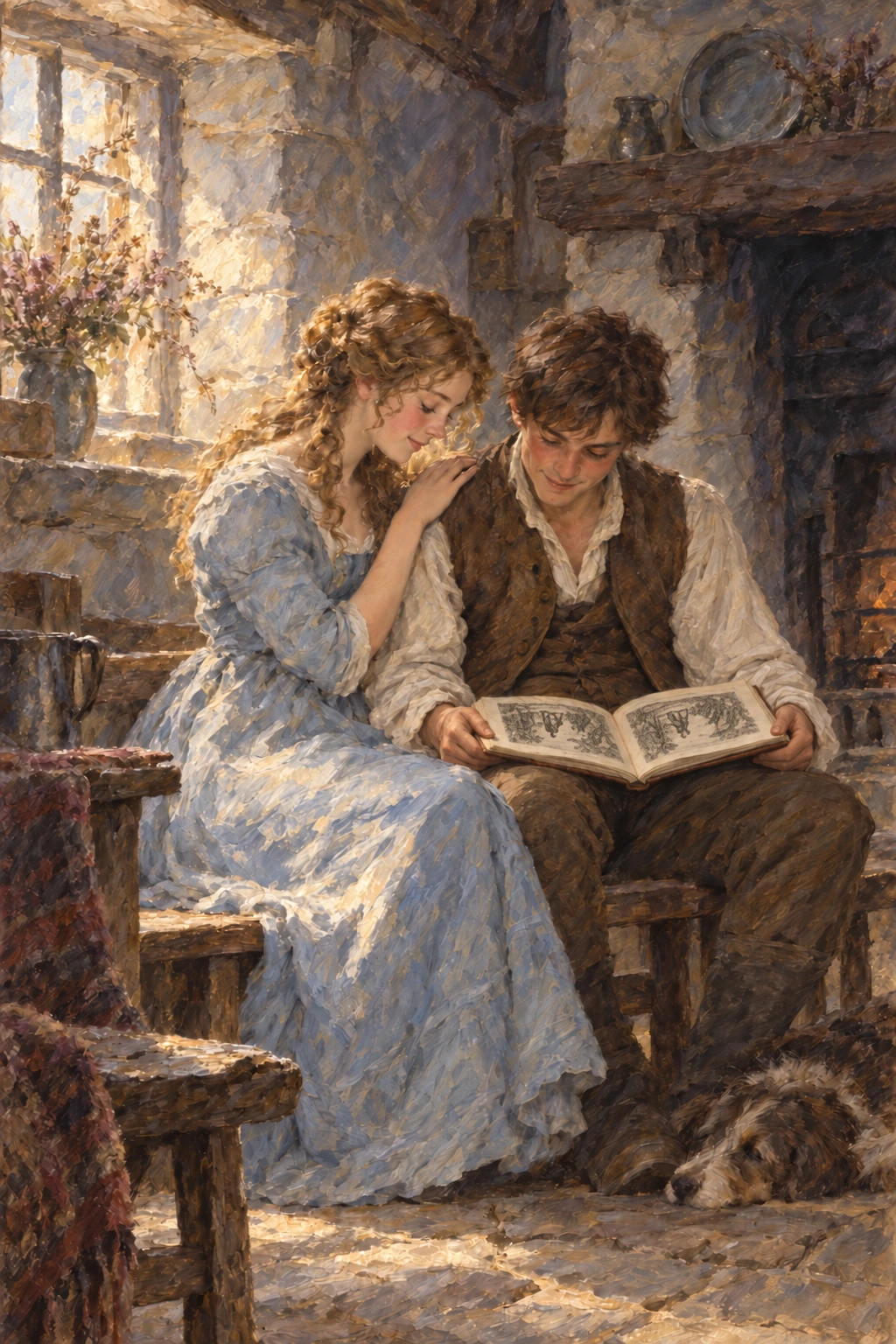 Young Cathy and Hareton bending together over an illustrated book.