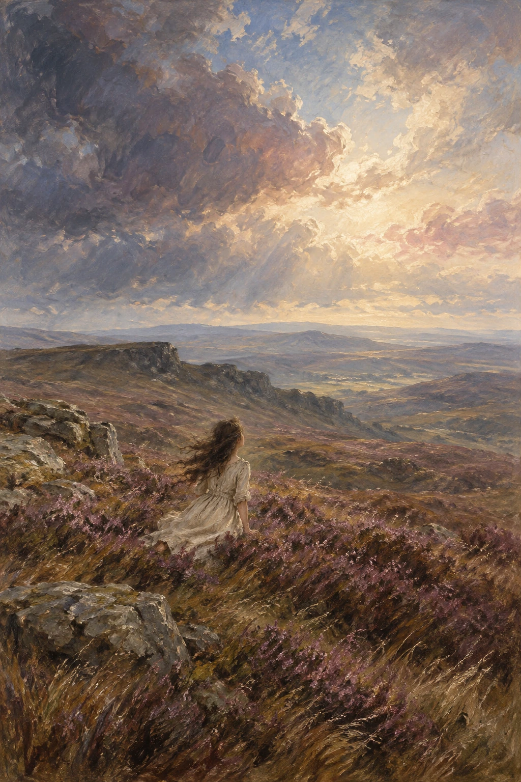 Catherine kneeling among windswept heather beneath a vast luminous sky.