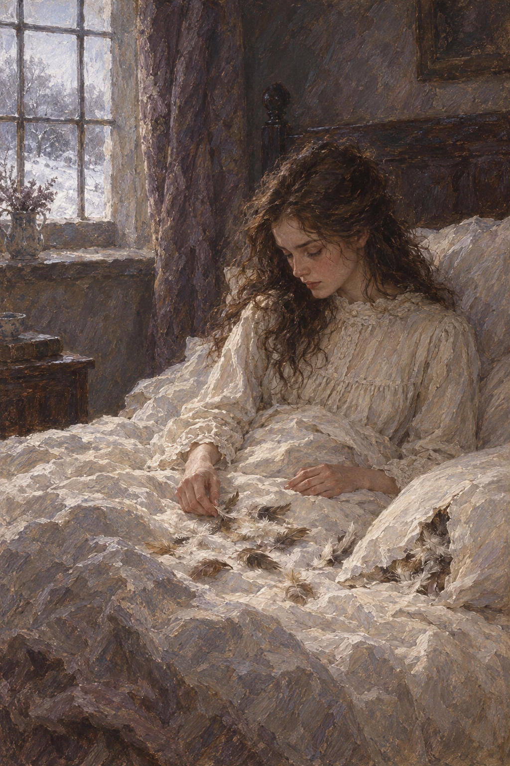 Catherine looking down at scattered feathers on her bed linen in winter light.