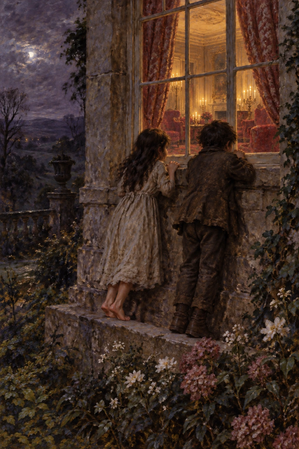 Catherine and Heathcliff stand on a low ledge outside a glowing drawing-room window.