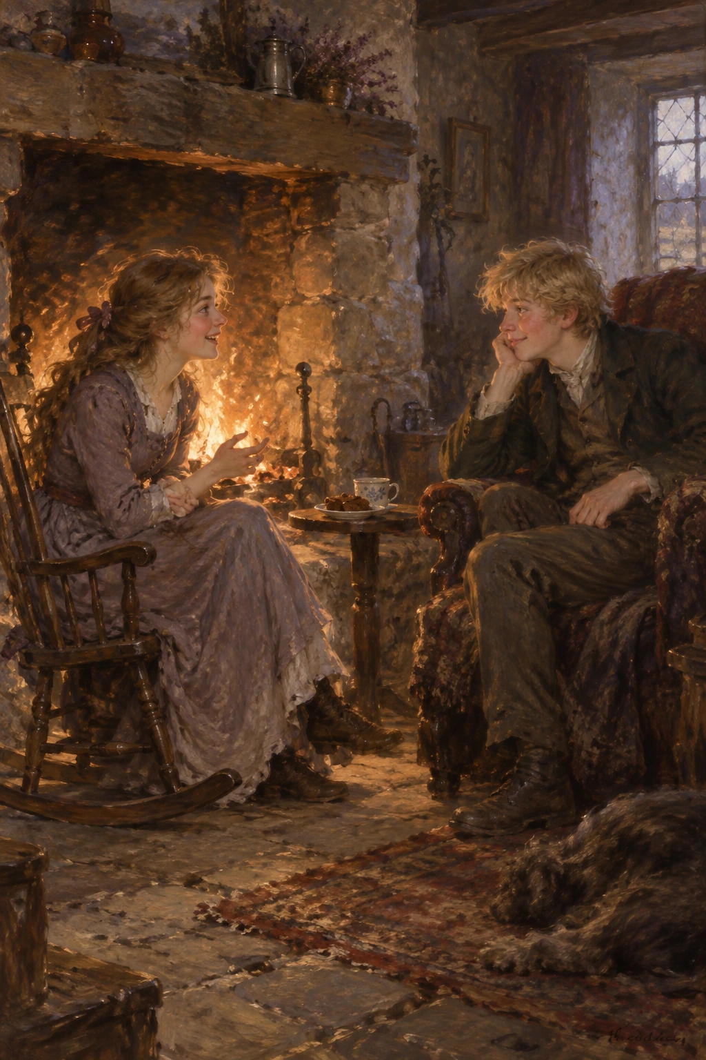 Young Cathy in a rocking chair talks with the fair-haired Linton beside a fire.