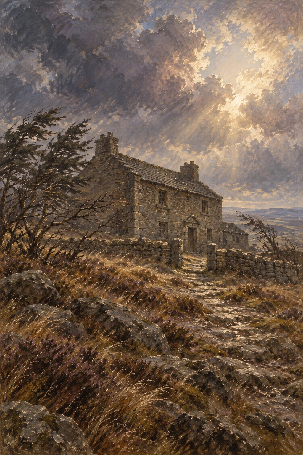 A stone farmhouse beneath an unsettled sky, with stunted firs and wind-bent thorns.