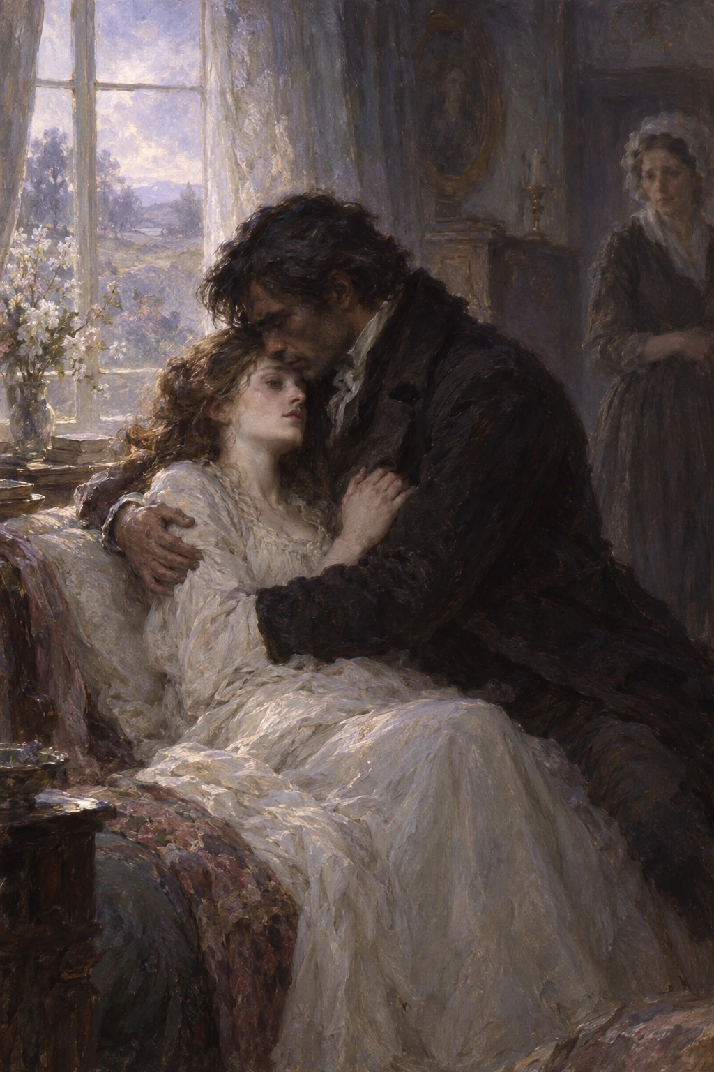 Heathcliff holds the seated, ill Catherine while Nelly watches from the edge of the room.