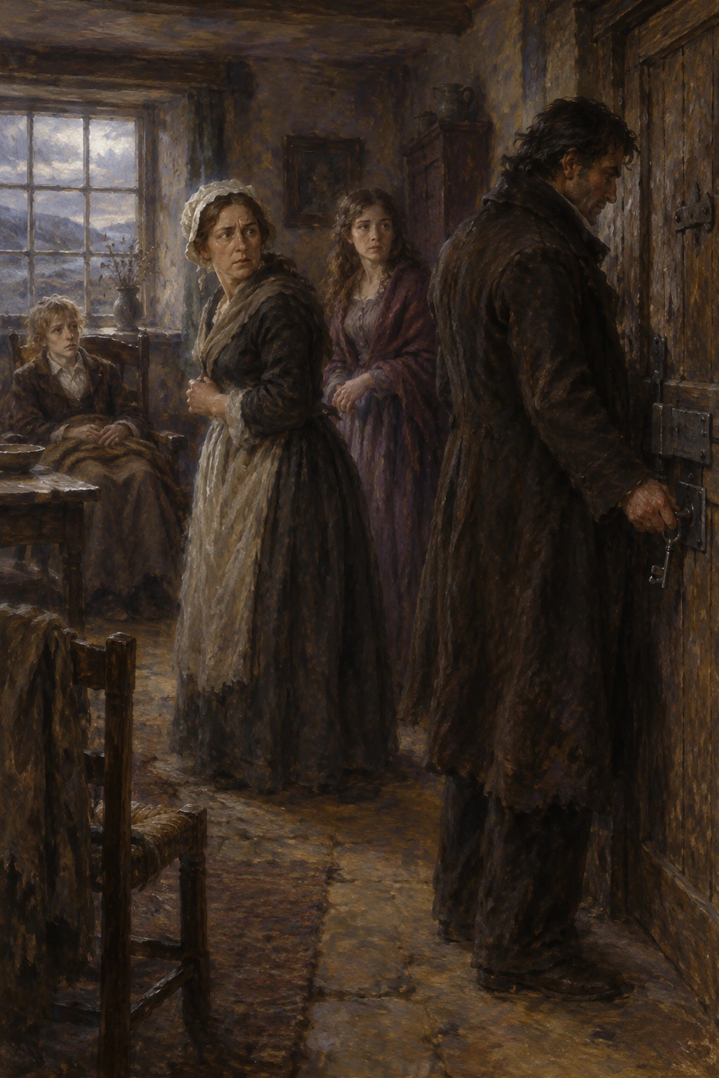 Heathcliff locks a farmhouse door as Nelly and Cathy turn towards him, with Linton seated nearby.