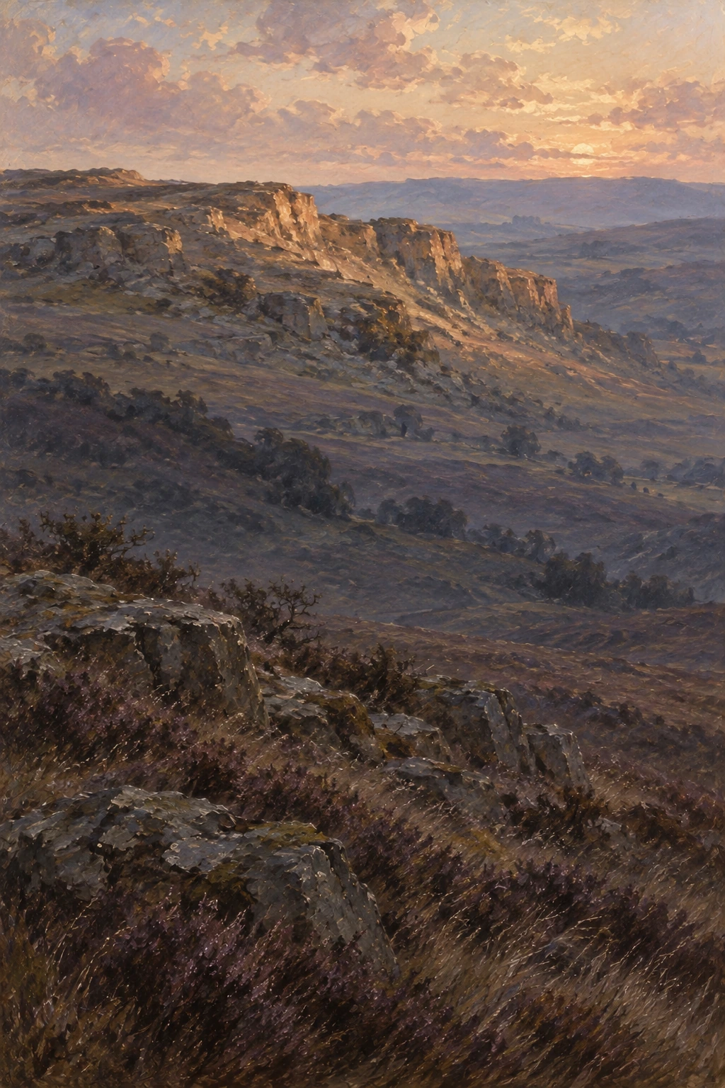 Distant Penistone Crags catching sunset above a valley already in shadow.