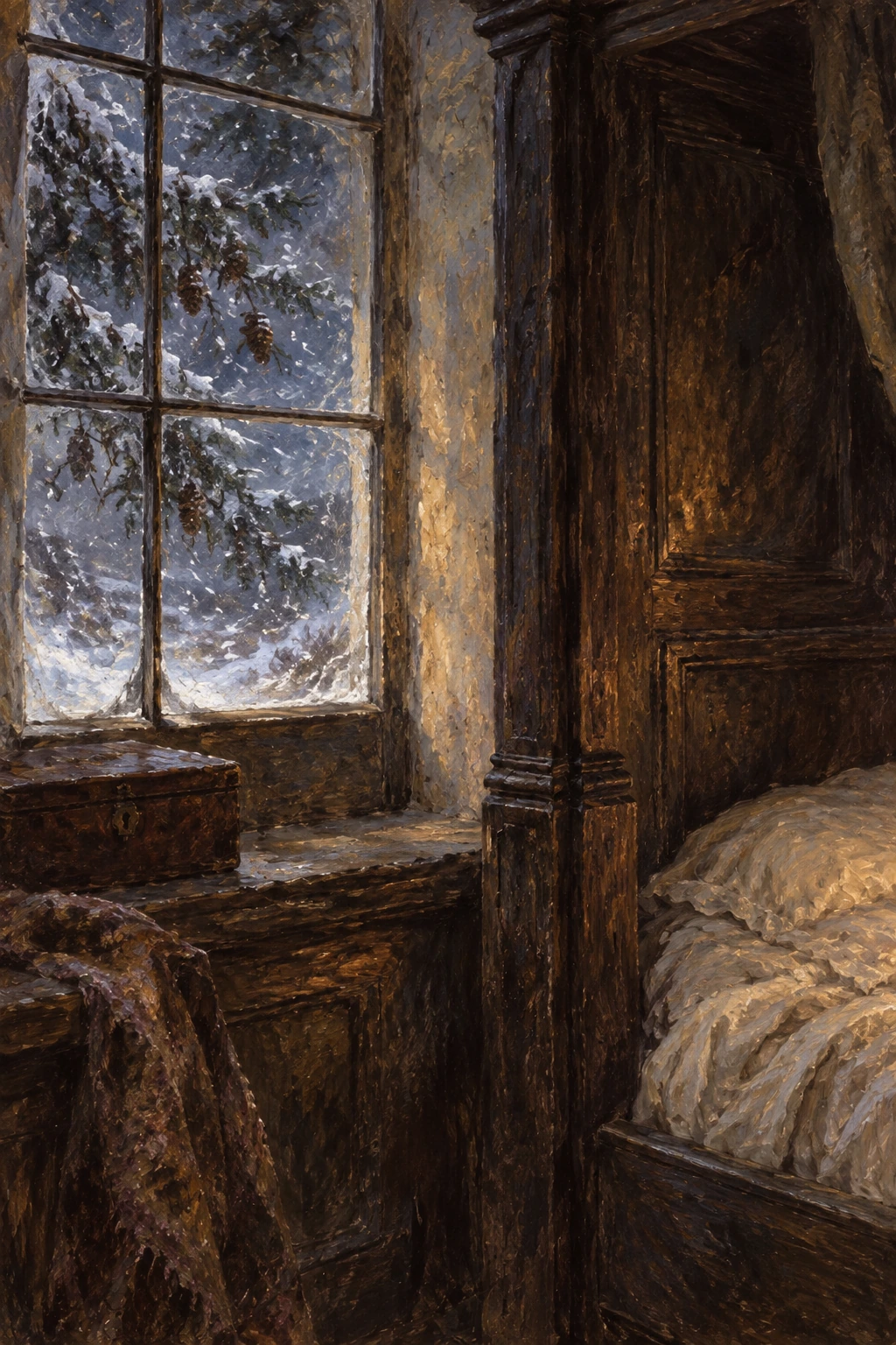 A fir branch touching a snow-darkened casement beside an old oak enclosed bed.