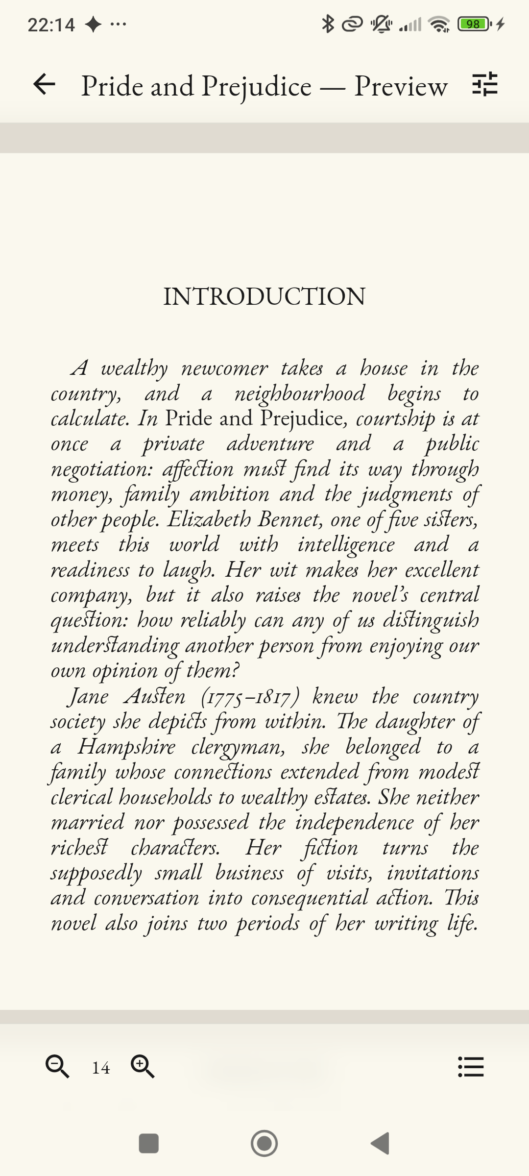 Read Classics Android reader showing Austen’s introduction in Garamond with reading controls