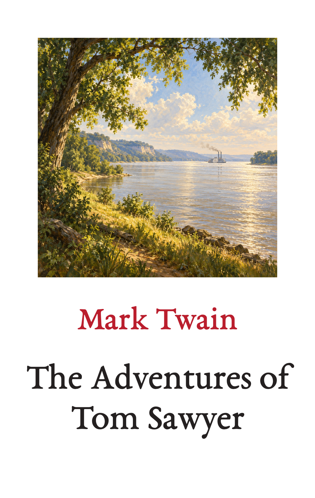 The Adventures of Tom Sawyer, by Mark Twain. A painting above the author and title.