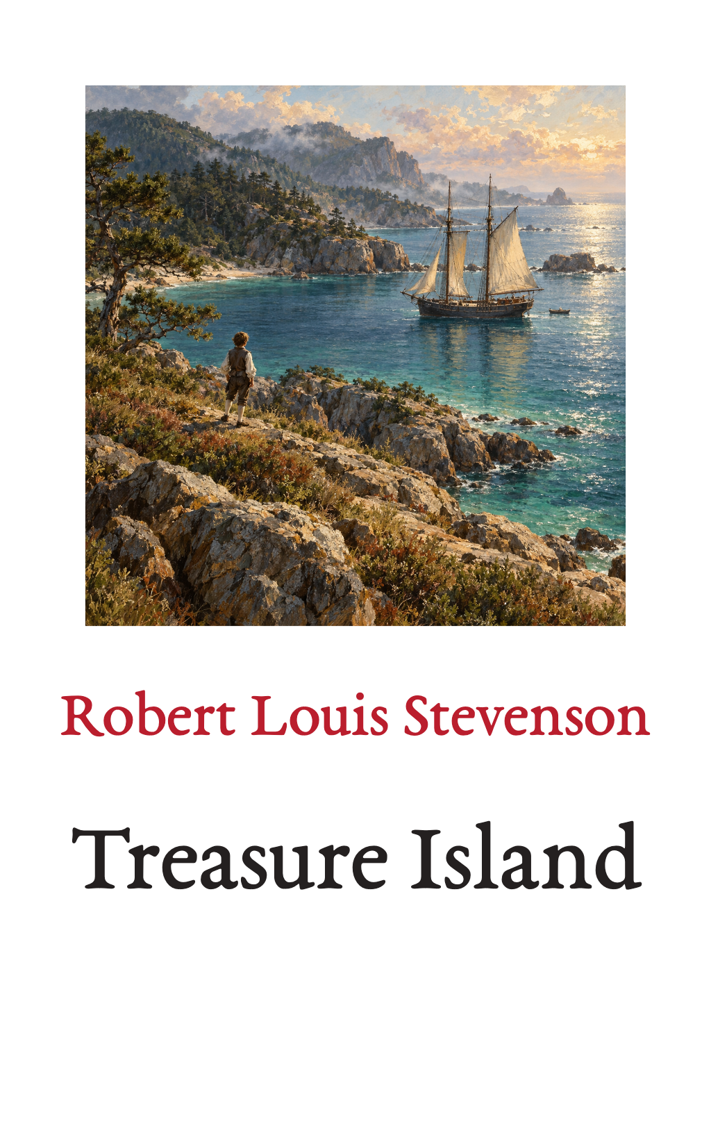 Treasure Island, by Robert Louis Stevenson. A painting above the author and title.